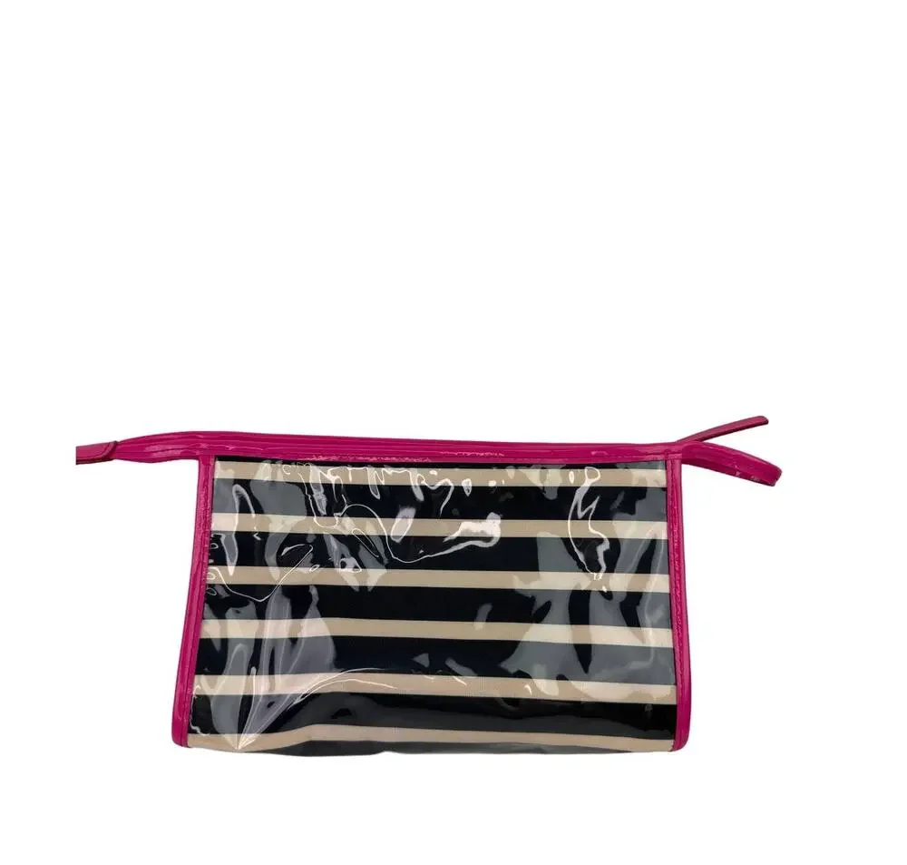 KATE SPADE Black White Stripe Pink Patent Leather Trim Zip Cosmetic Bag